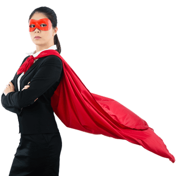 A woman in a black business suit with a red cape and red mask, crossing her arms.